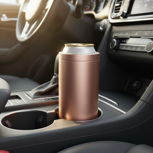 Premium 4-in-1 Can and Bottle Cooler in Rose Gold in car cupholder