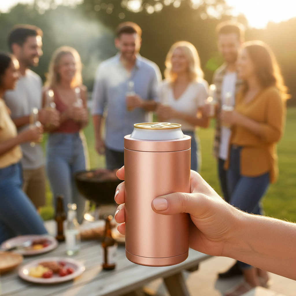 Premium 4-in-1 Can and Bottle Cooler in Rose Gold at a summer BBQ