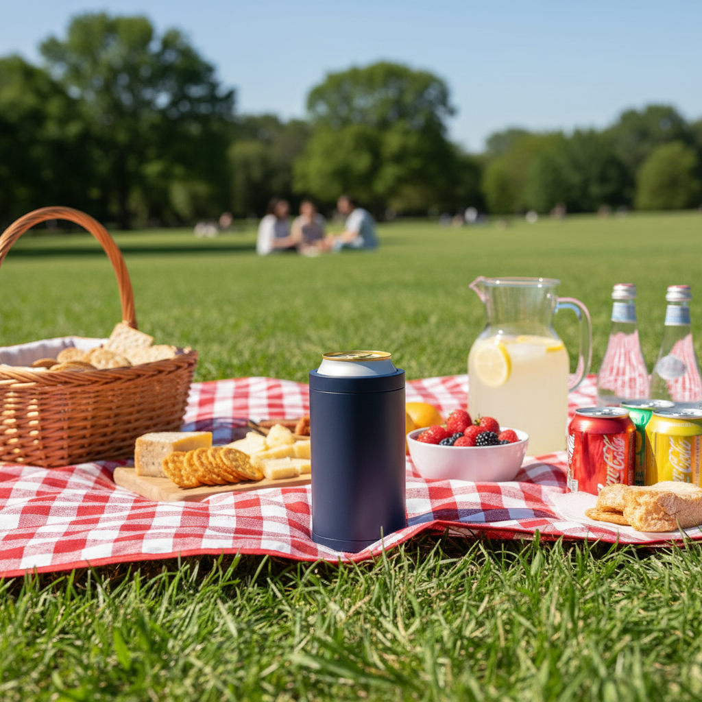 Premium 4-in-1 Can and Bottle Cooler in Navy Blue at a park picnic