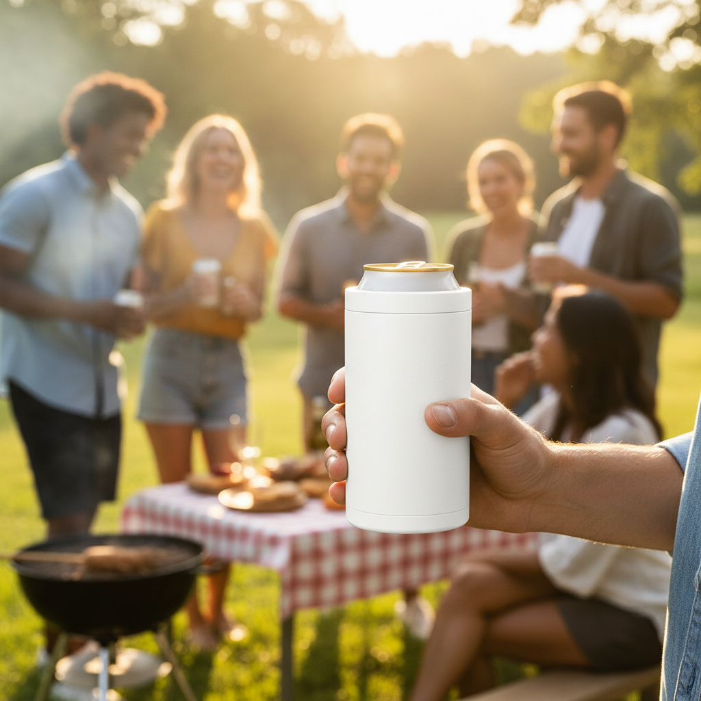 Premium 4-in-1 Can and Bottle Cooler in White at a summer BBQ