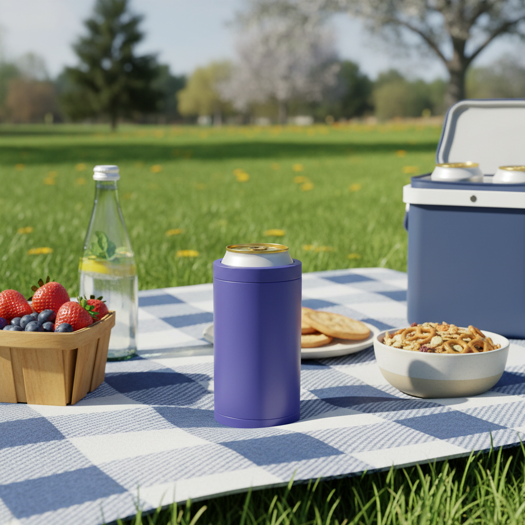 Premium 4-in-1 Can and Bottle Cooler in Violet at a park picnic
