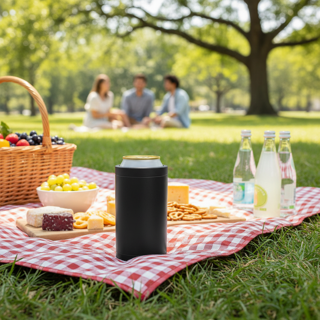 Premium 4-in-1 Can and Bottle Cooler in Black at a park picnic