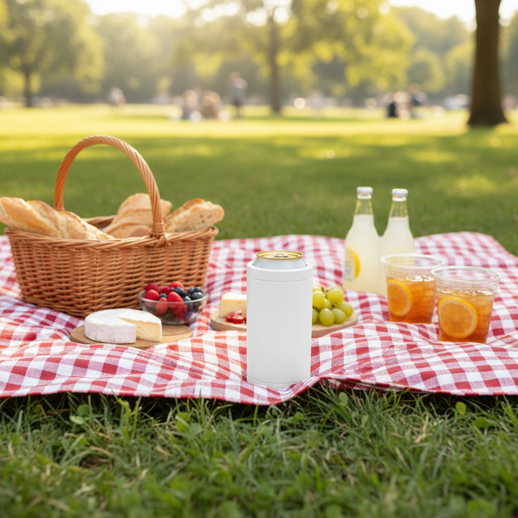 Premium 4-in-1 Can and Bottle Cooler in White at a park picnic