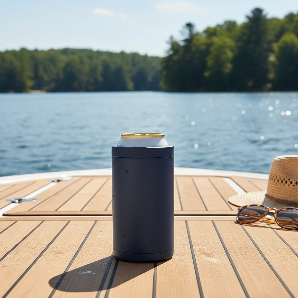 Premium 4-in-1 Can and Bottle Cooler in Black on a boat