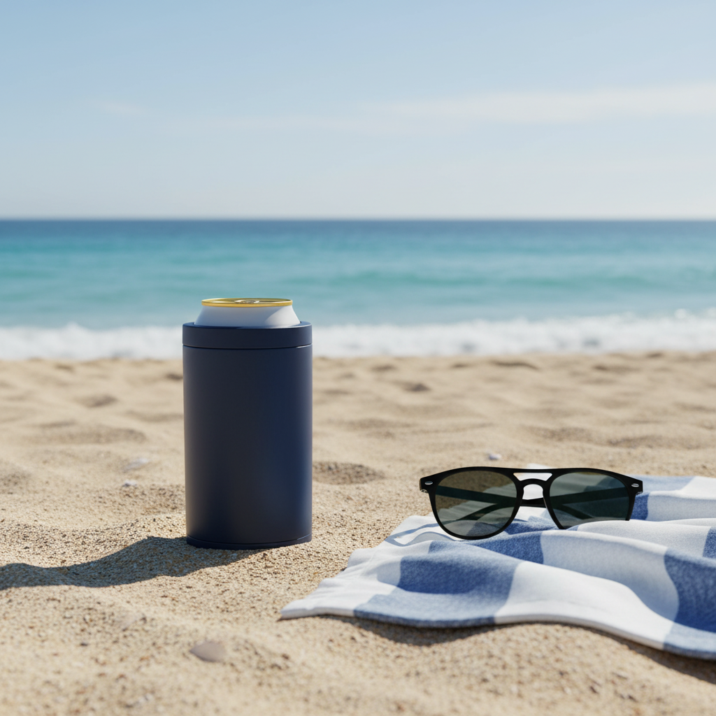 Premium 4-in-1 Can and Bottle Cooler in Navy Blue at the beach