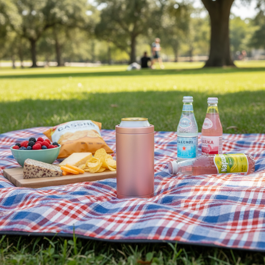 Premium 4-in-1 Can and Bottle Cooler in Rose Gold at a park picnic