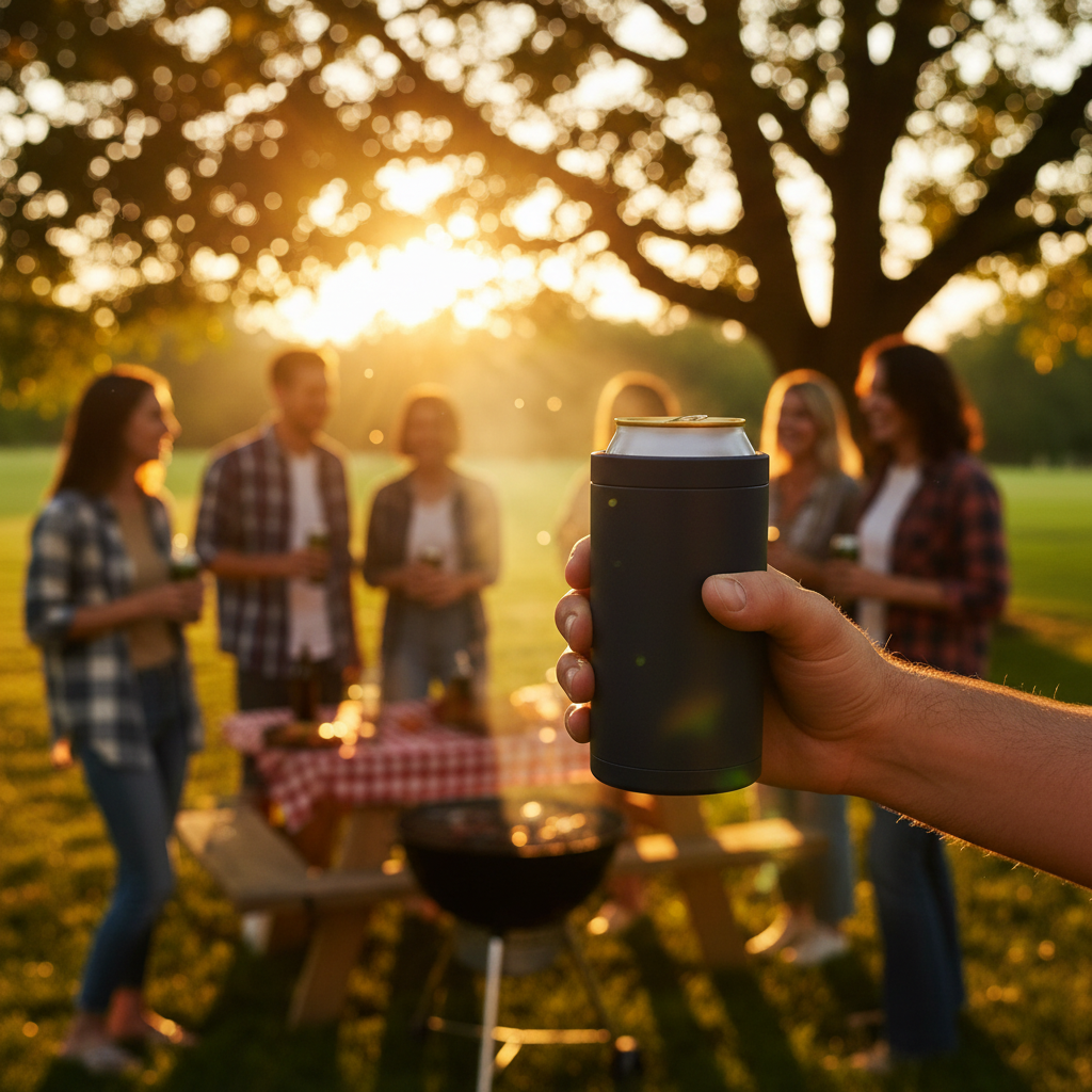 Premium 4-in-1 Can and Bottle Cooler in Navy Blue at a summer BBQ