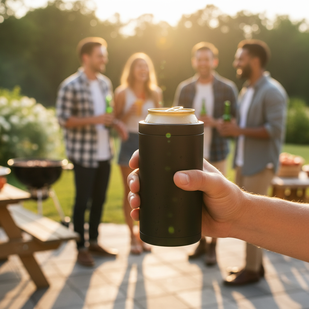 Premium 4-in-1 Can and Bottle Cooler in Black at a summer BBQ