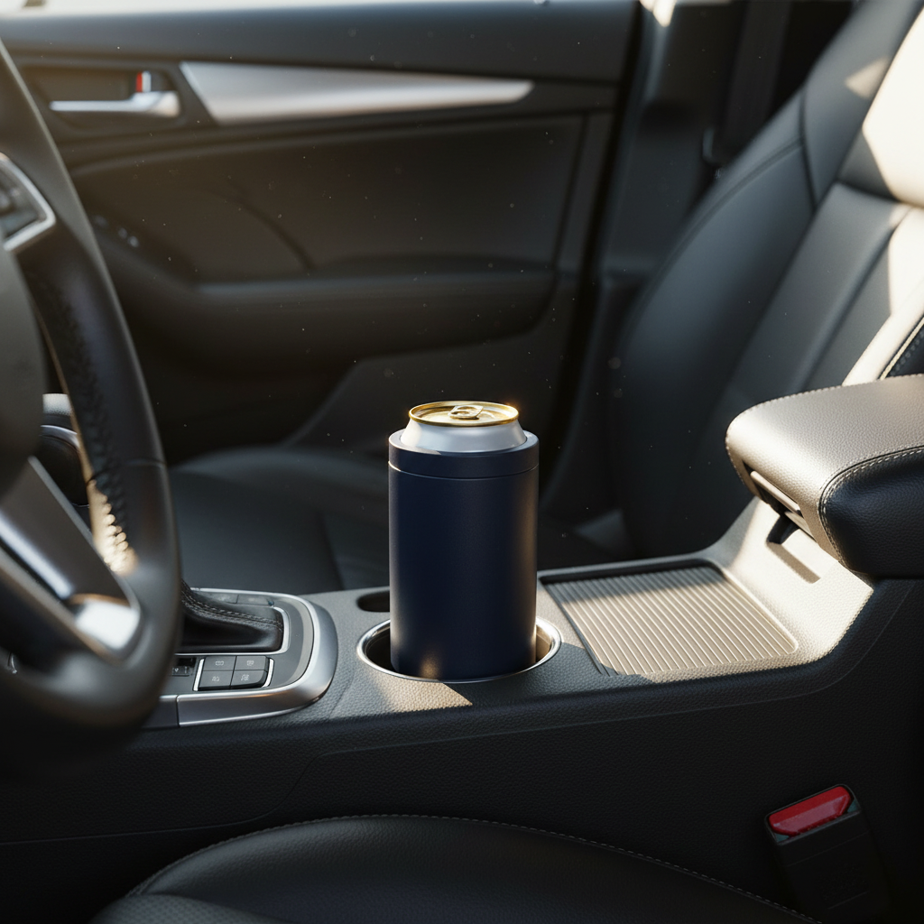 Premium 4-in-1 Can and Bottle Cooler in Navy Blue in car cupholder