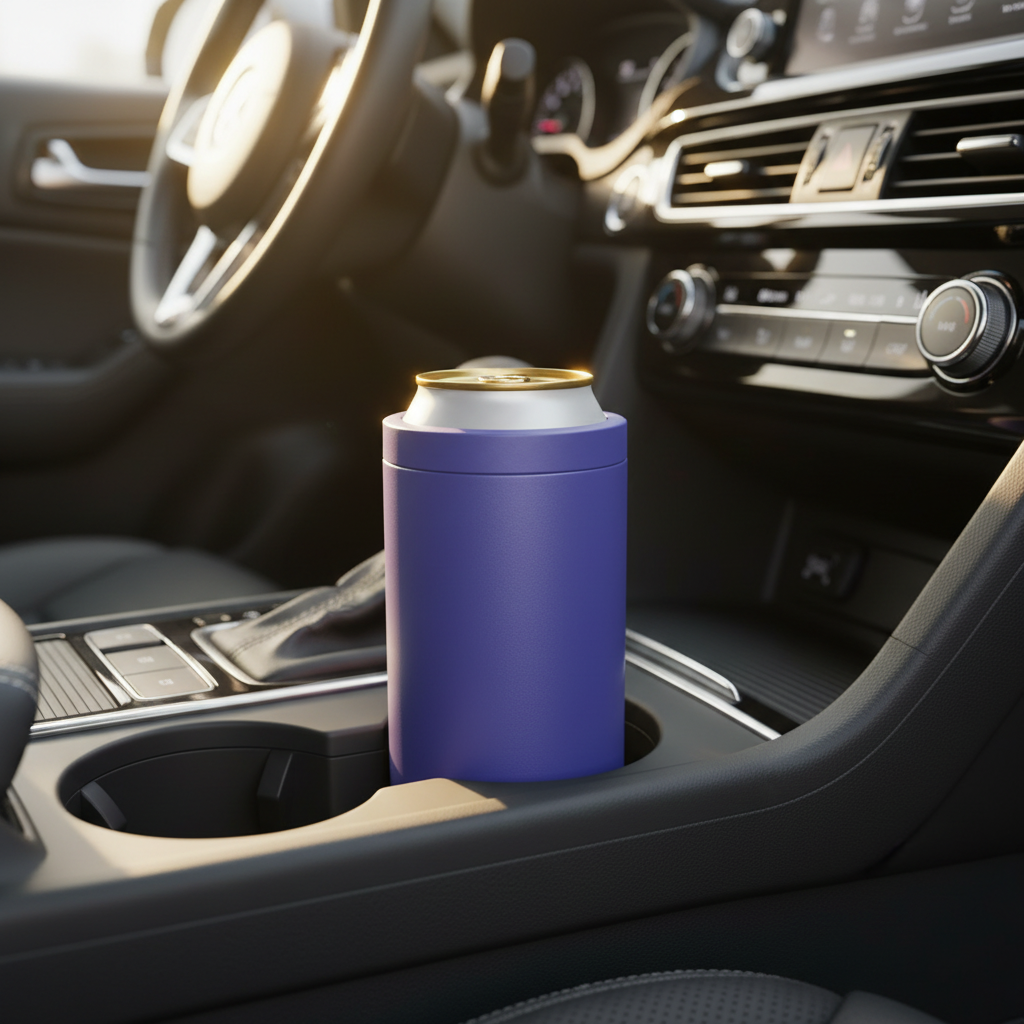 Premium 4-in-1 Can and Bottle Cooler in Violet in car cupholder