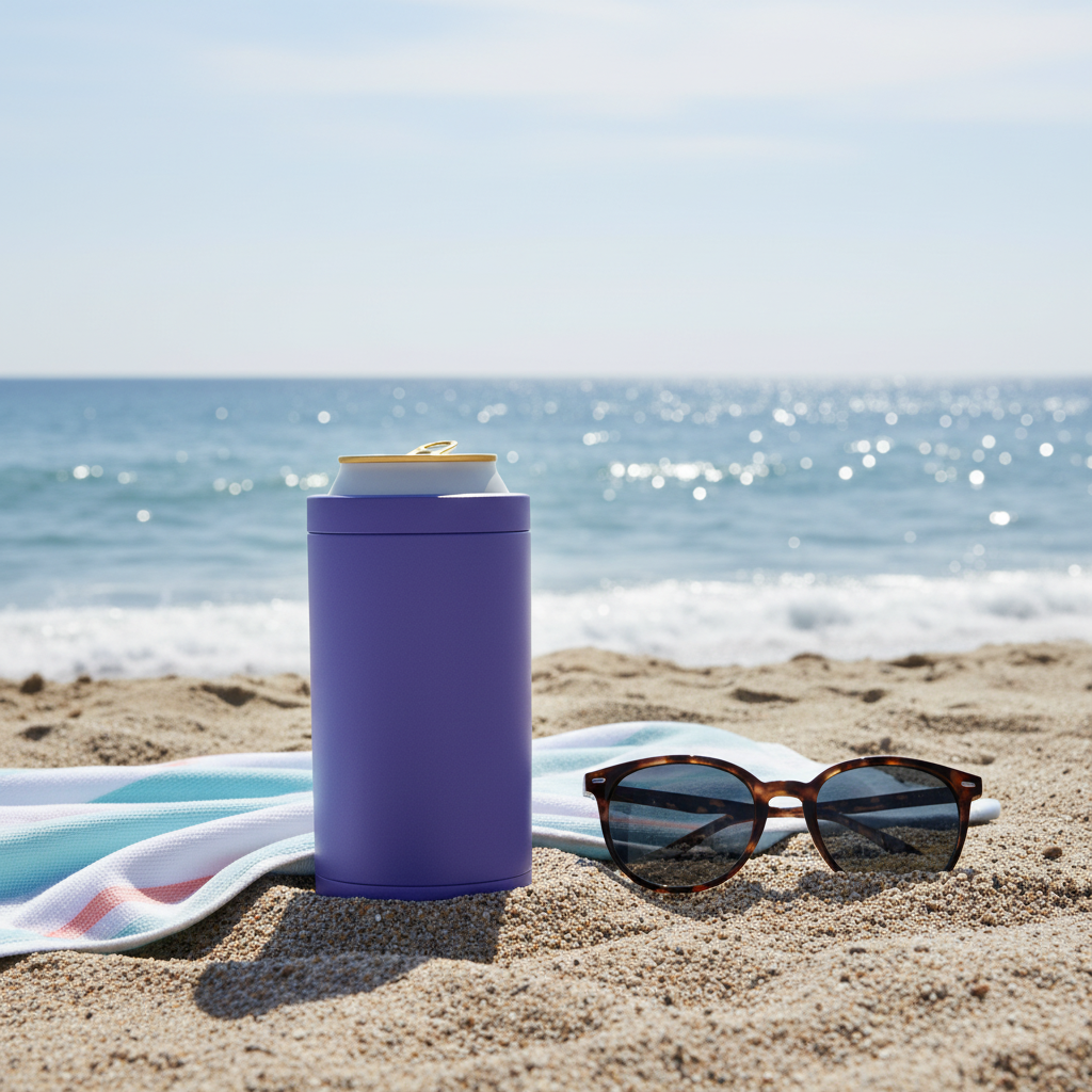 Premium 4-in-1 Can and Bottle Cooler in Violet at the beach