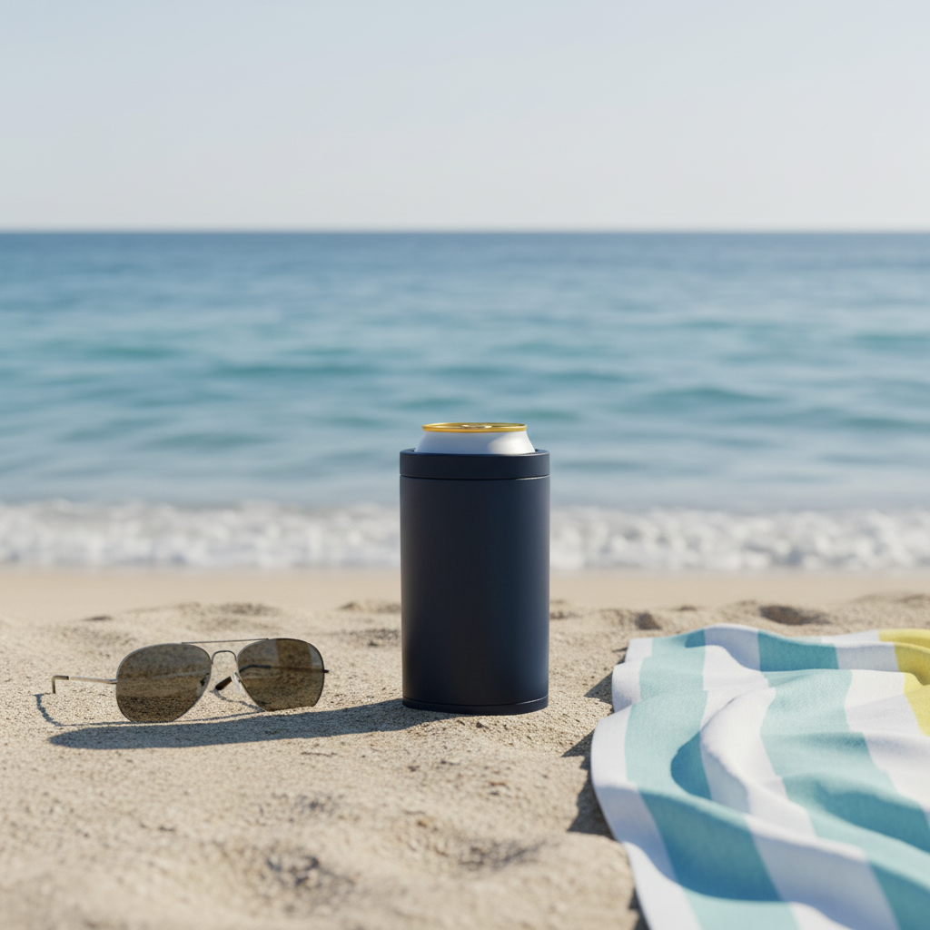 Premium 4-in-1 Can and Bottle Cooler in Black at the beach