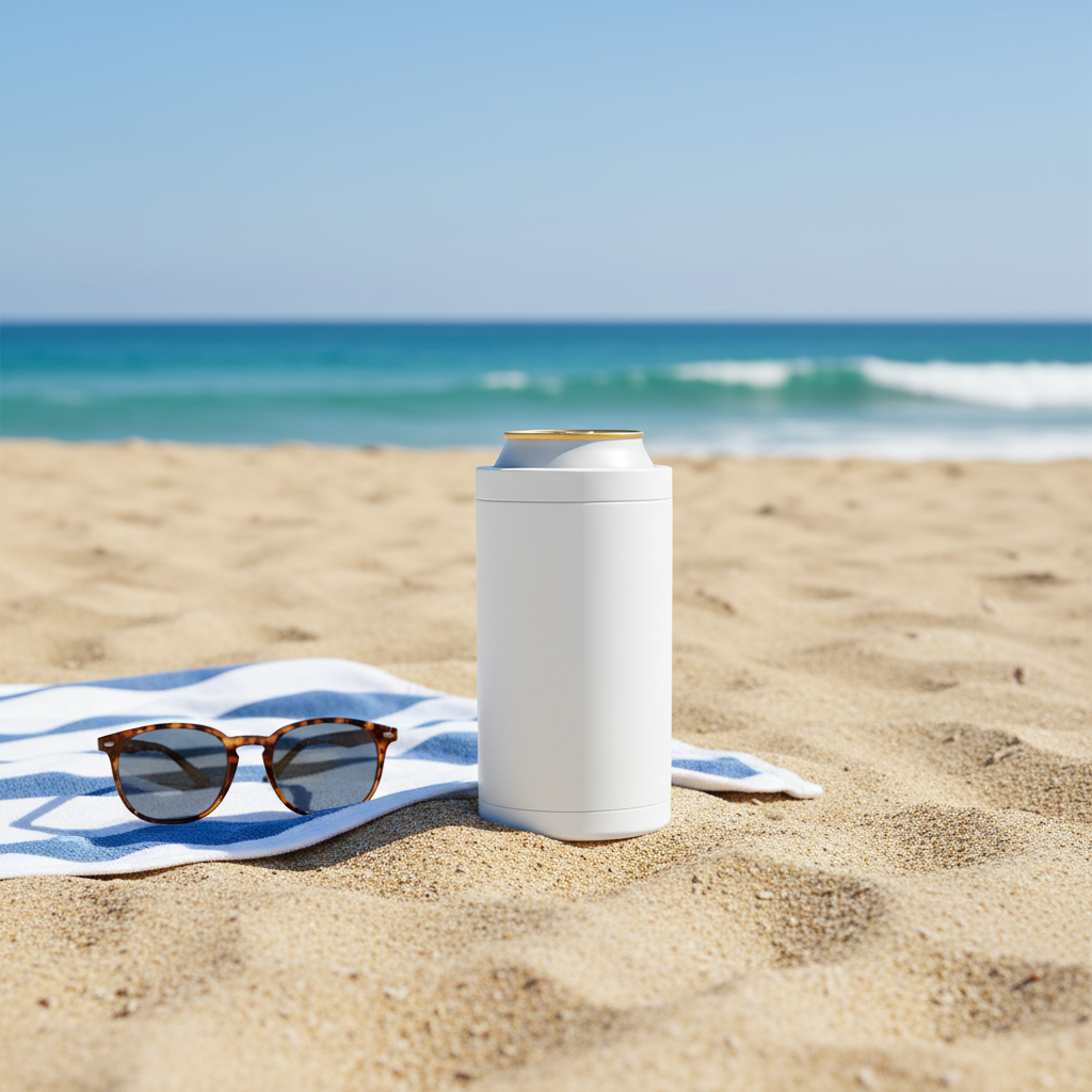 Premium 4-in-1 Can and Bottle Cooler in White at the beach