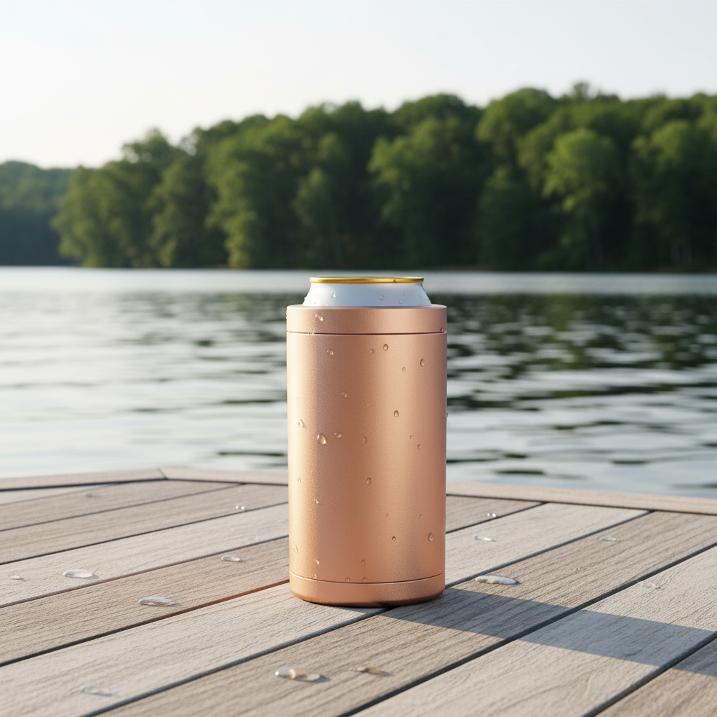 Premium 4-in-1 Can and Bottle Cooler in Rose Gold on a boat