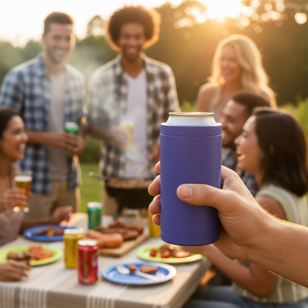 Premium 4-in-1 Can and Bottle Cooler in Violet at a summer BBQ