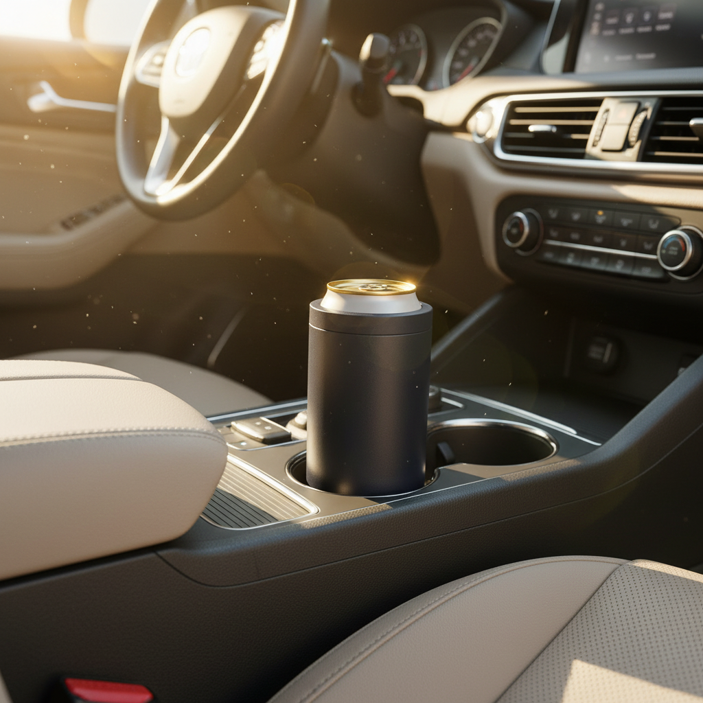Premium 4-in-1 Can and Bottle Cooler in Black in car cupholder