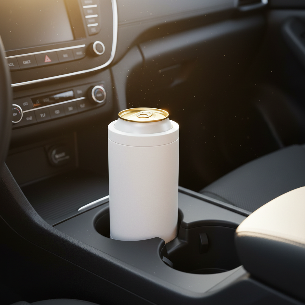 Premium 4-in-1 Can and Bottle Cooler in White in car cupholder