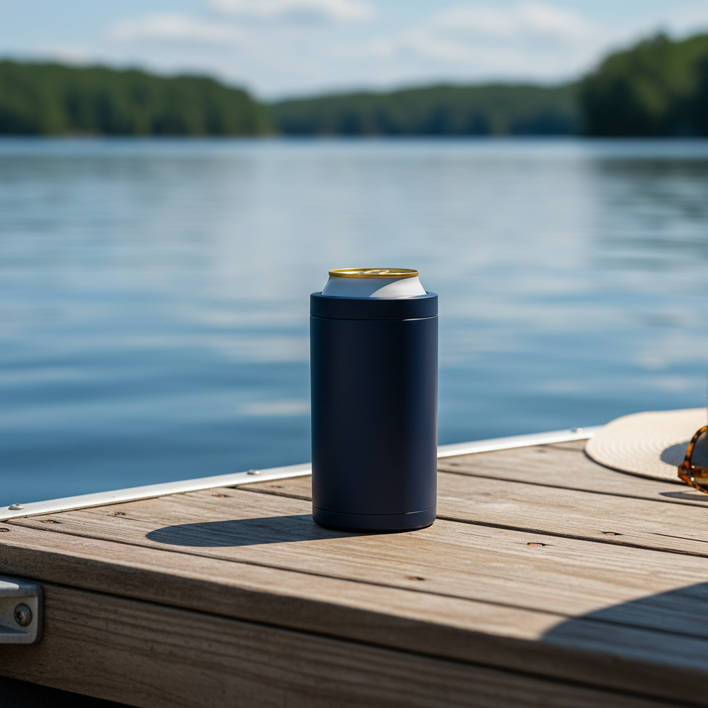 Premium 4-in-1 Can and Bottle Cooler in Navy Blue on a boat