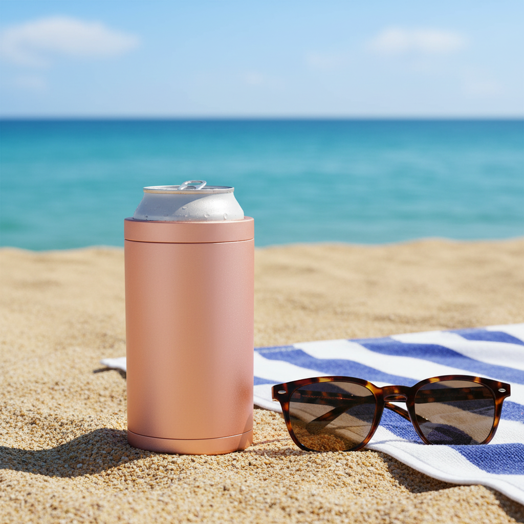Premium 4-in-1 Can and Bottle Cooler in Rose Gold at the beach